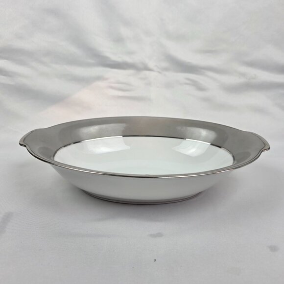 Sango Plantina Oval Serving Bowl 10 Inch White with Gray Band & Platinum Trim - Picture 9 of 11